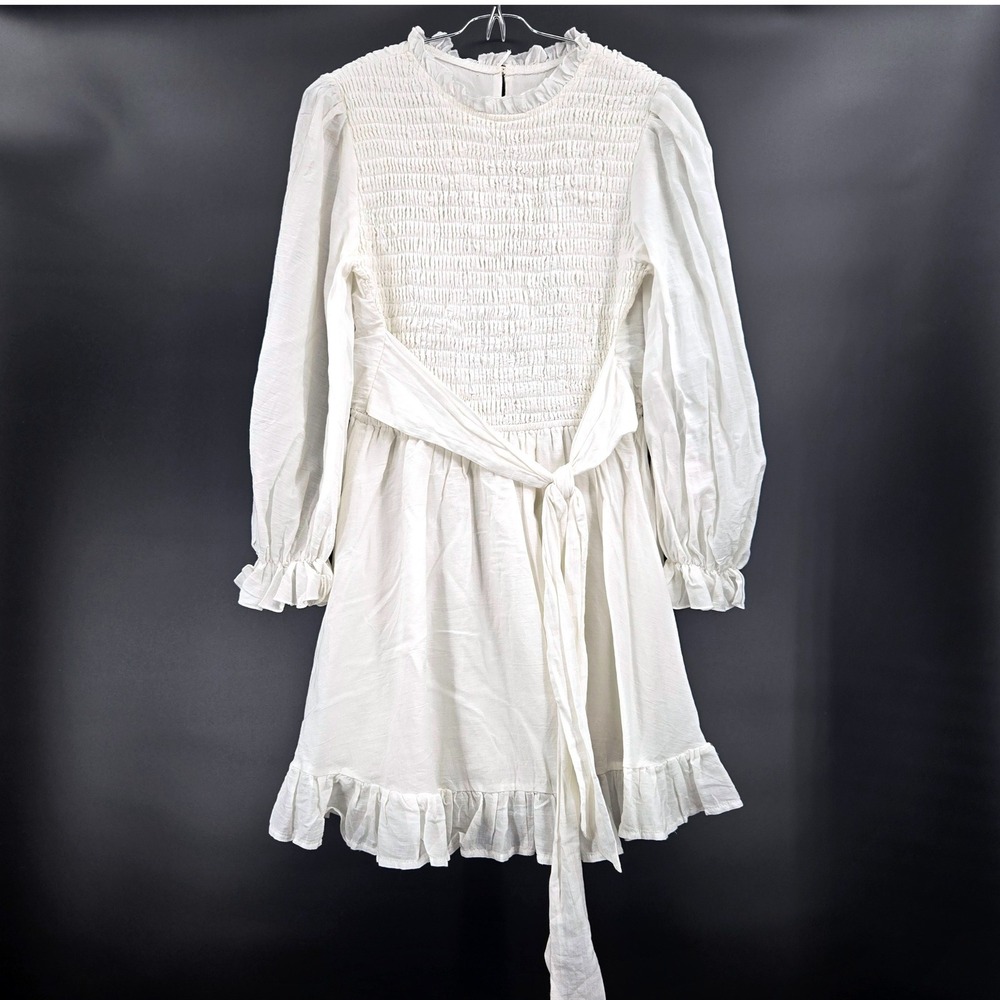 Saints + Secrets Off-White Smocked Ruffle Mini Dress US L Coquette Cottagecore